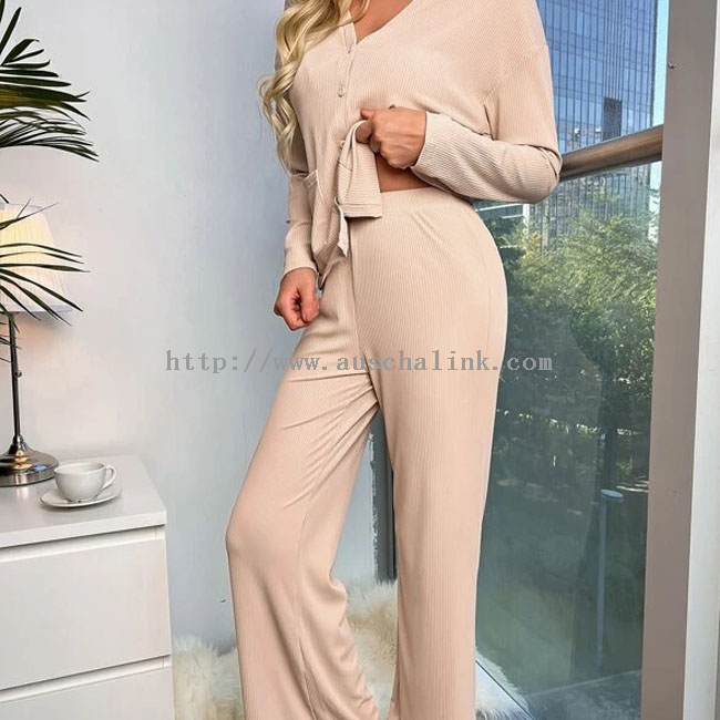 High Quality V-neck Long Sleeve Pocket Button Off Shoulder Casual Two Piece Suit for Women