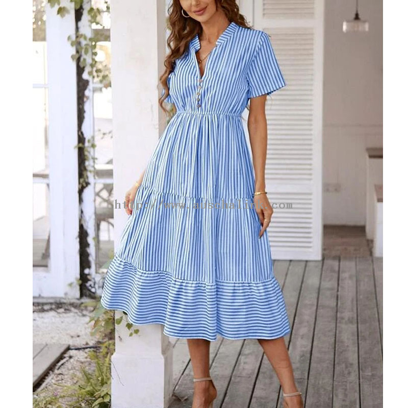 OEM/ODM Vertical Stripe Notched Collar False Button Flounces Hem A-line Elegant Dress for Women