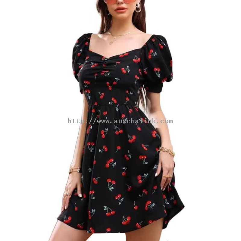 OEM/ODM High Quality Full Body Cherry Sweet Collar Bubble Sleeve Flared Casual Dress Women