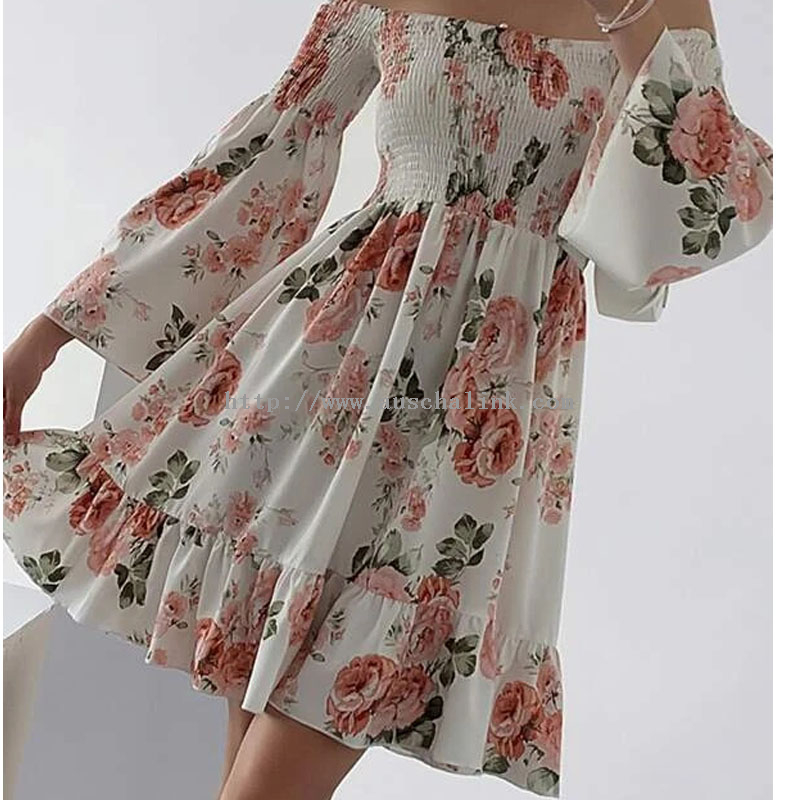 Summer New Floral Print Shoulder Parallel Crepe Seam Flounces Hem Casual Dress for Women