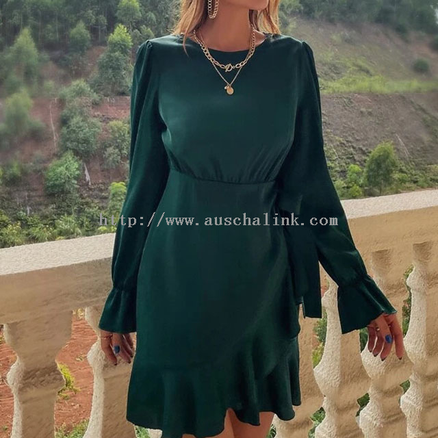 Spring And Summer New Round Collar Lotus Leaf Sleeve Lotus Leaf Edging Side Skirt High Waist Casual Dress