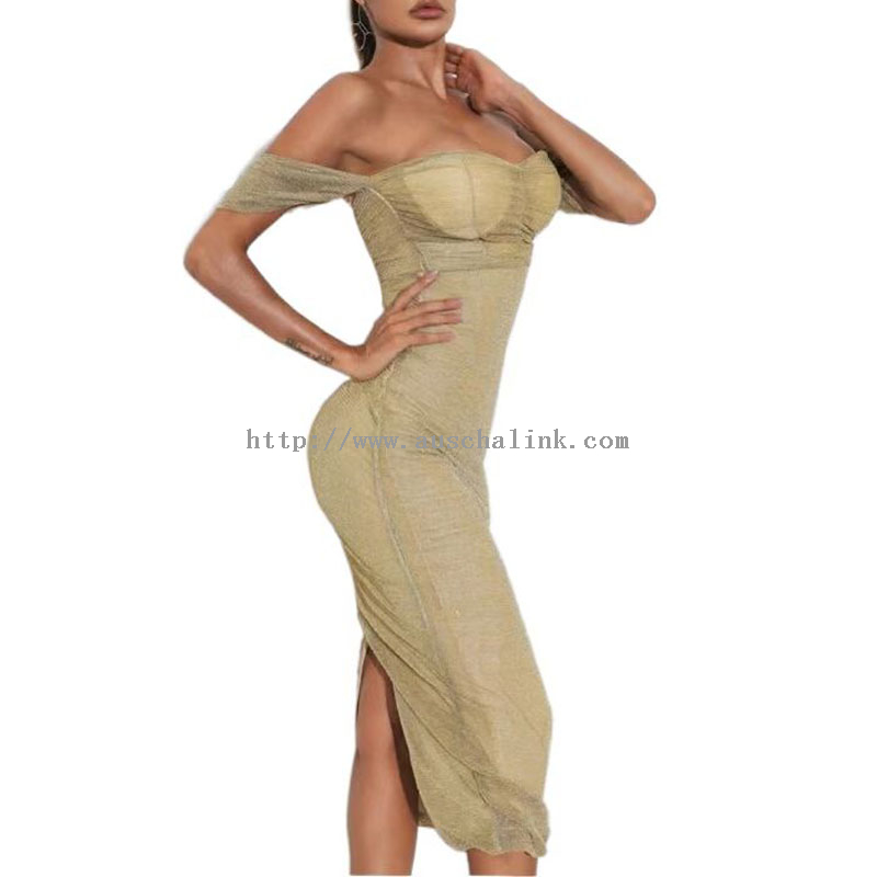 New Design Shoulder Slit Bottom Glitter High Waist Tight Sexy Party Dress Women
