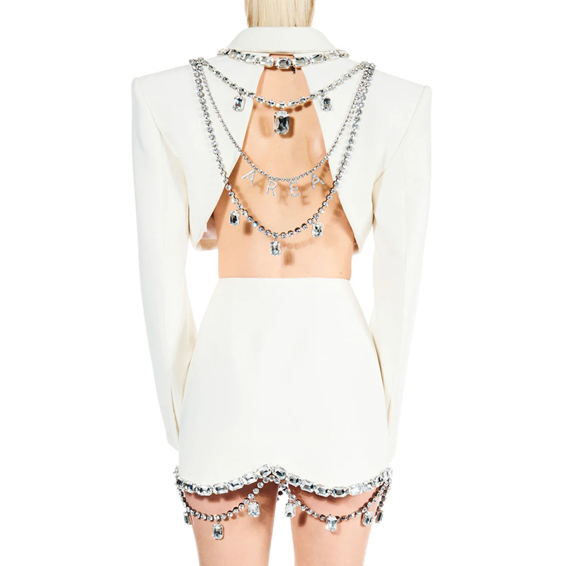 Rhinestone Chain Backless Suit + High Waist Skirt Two-Piece Set