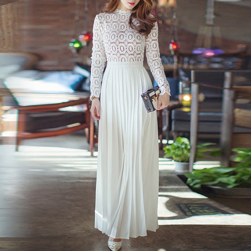 Elegant Embroidery Dress For Women Round Neck Long Sleeve High Waist Solid Midi Dresses Lady