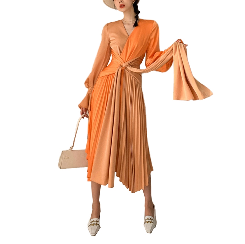 Female Autumn New Casual Colorblock Dress For Women V Neck Long Flare Sleeve Sashes High Waist Midi Pleated Dresses