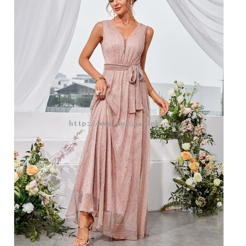 2022 New Contrasting Color Mesh V-neck Belted And Sequined Sexy Bridesmaid Dresses for Women