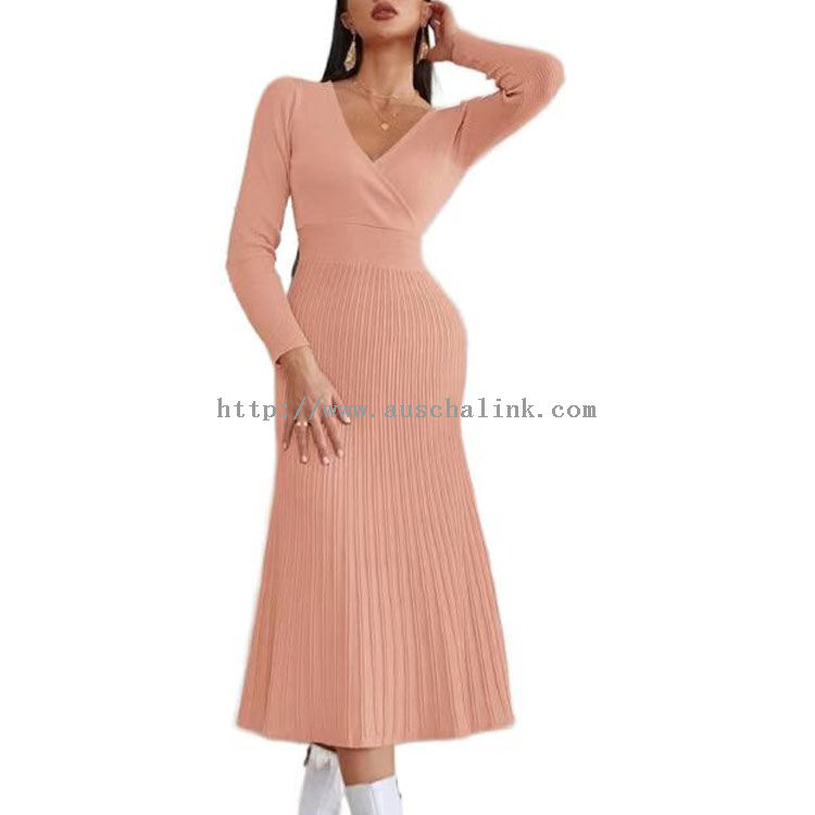 2022 New Design Long Sleeve V-neck High Waist Ribbed Knit Sweater Elegant Professional Dress for Women