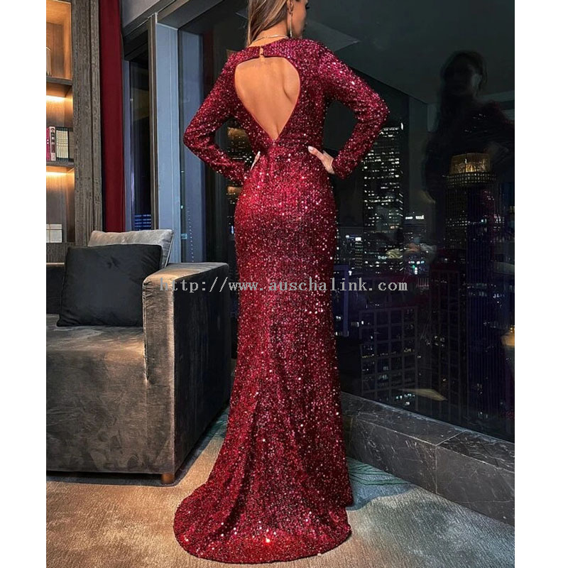New Design Hollowed-out Shoulder Slit Thigh Sequins Backless Formal Sexy Party Dress for Women