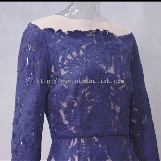 AUSCHALINK- Spring Autumn Blue Long Sleeve Formal Dress with Hollow Lace Lady Dress