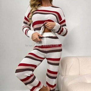 Newly Designed Short Sleeve Round Collar Off Shoulder Stripe Top And Trousers Casual Pyjama Suit for Women
