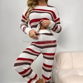 Newly Designed Short Sleeve Round Collar Off Shoulder Stripe Top And Trousers Casual Pyjama Suit for Women