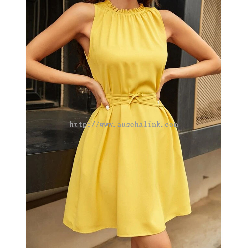 OEM/ODM New Solid Color Flounces Collar Diagonal Pocket Belt Casual Dress for Women