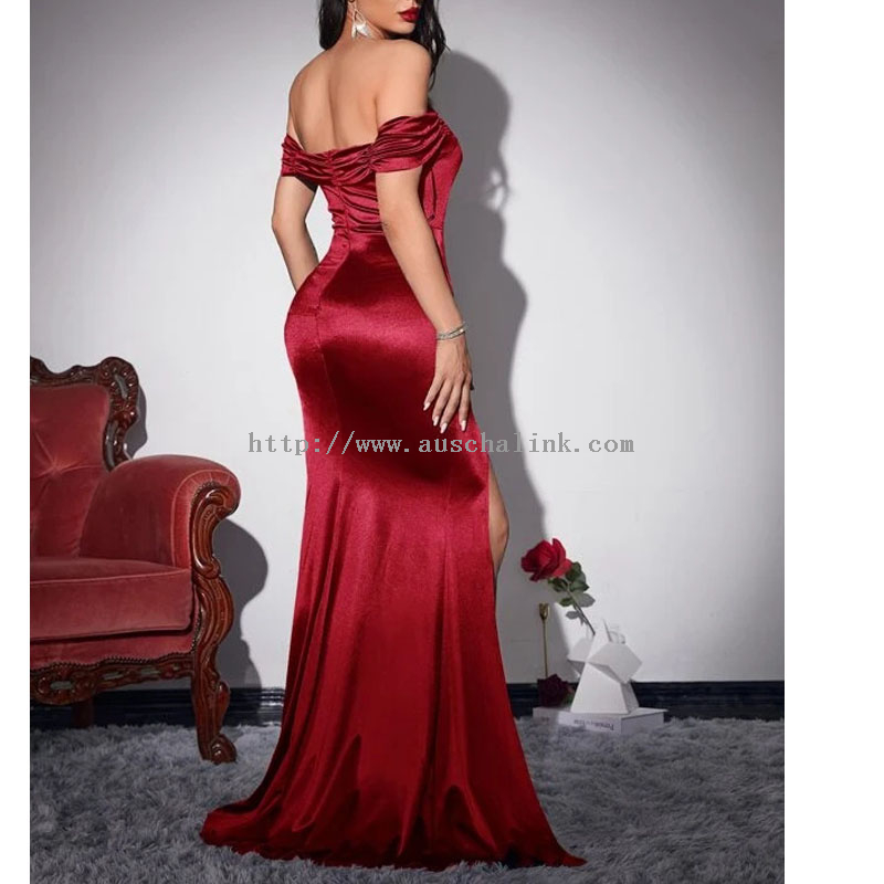 High Quality Custom Pleated Off-the-shoulder Slit Thigh Satin Sexy PROM Dress for Women