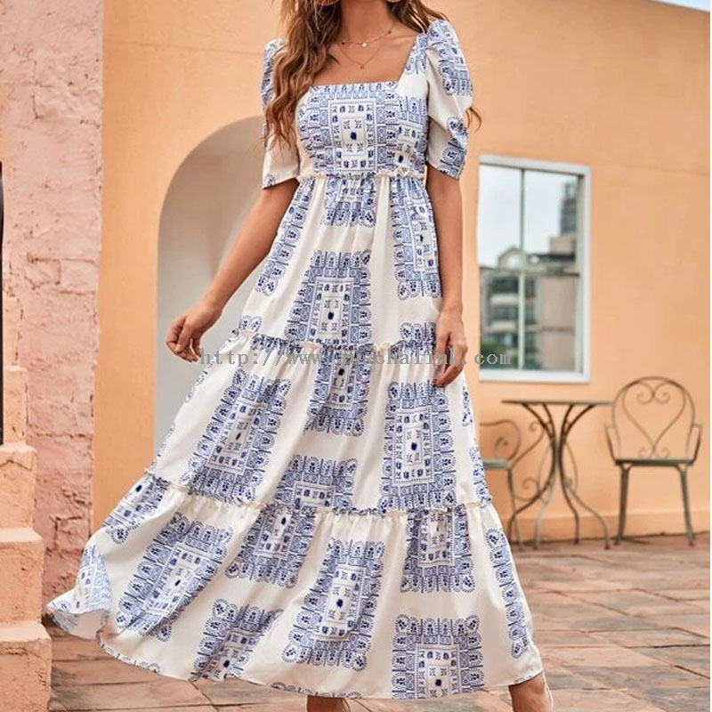 Summer New Style Printing Lotus Edging Edge Bubble Sleeve Square Collar Casual Dress Woman