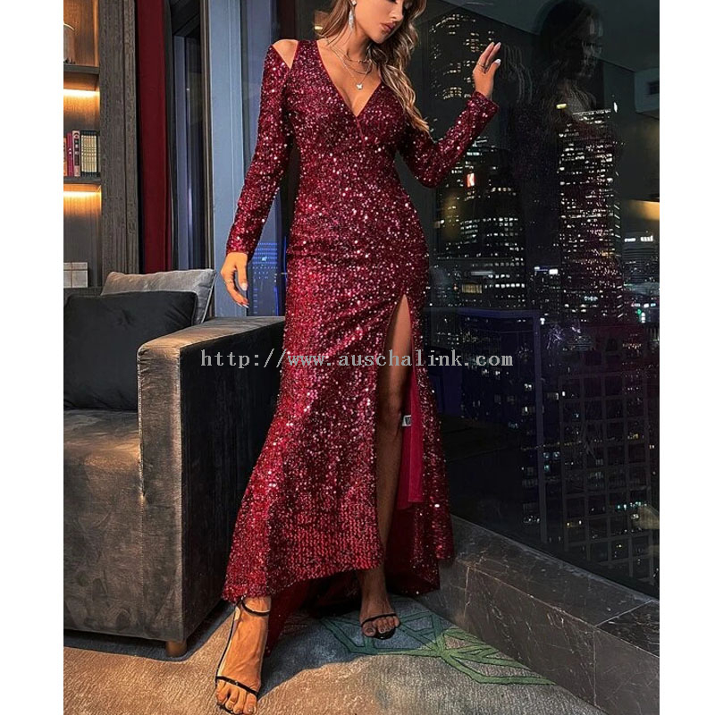 New Design Hollowed-out Shoulder Slit Thigh Sequins Backless Formal Sexy Party Dress for Women