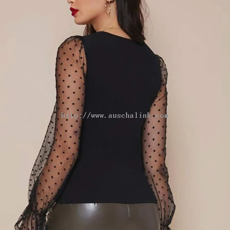 2022 Stylish Slim Flounces Cuff Transparent Swiss Polka Dot Mesh Sleeve Elegant Top for Women