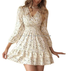 2022 New V-neck front pleated waist Floral Bubble sleeve Flounces casual Dress for women
