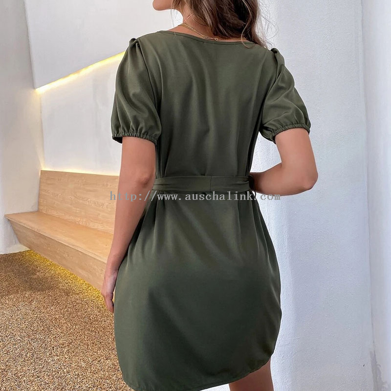 2022 Summer Round Collar Solid Color Bubble Sleeve Belted Professional Dress for Women