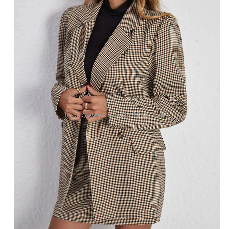 OEM/ODM Plaid Printed Lapel Collar Suit Jacket And Skirt Two-piece Professional Women