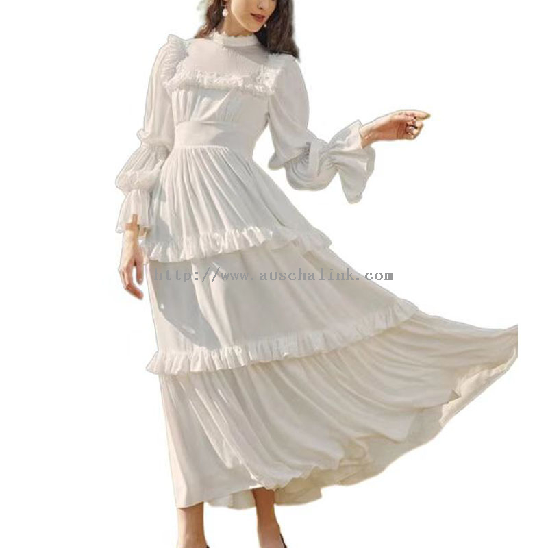 2022 Spring And Autumn Stand Collar Shrink Pleated Sleeves Layered Flounces Casual Dress for Women