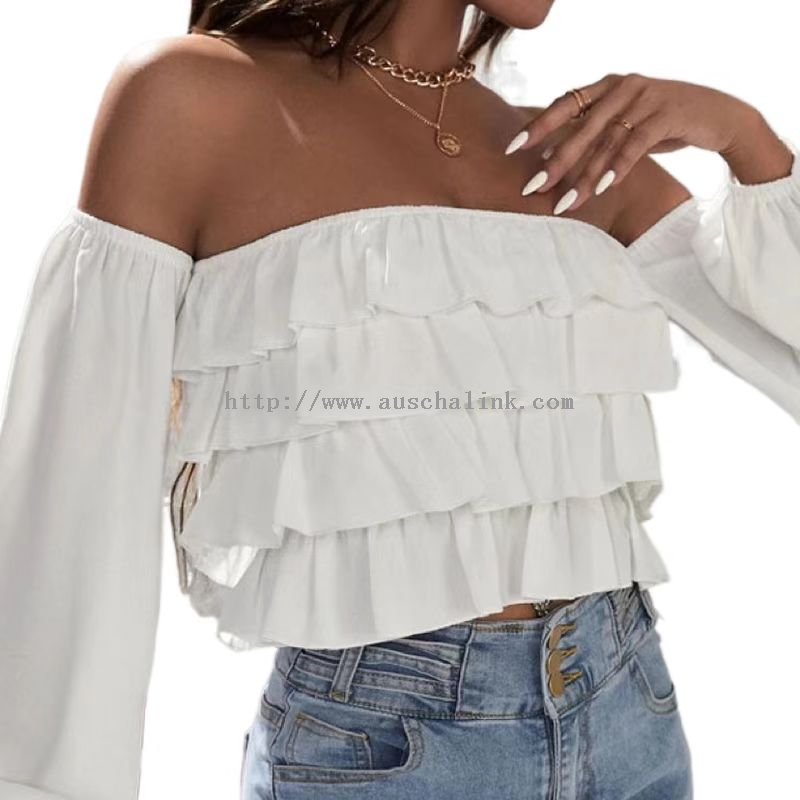 2021 Spring And Summer Long Sleeve Off-the-shoulder Lamp Sleeve Layer Hem Casual Shirt for Women