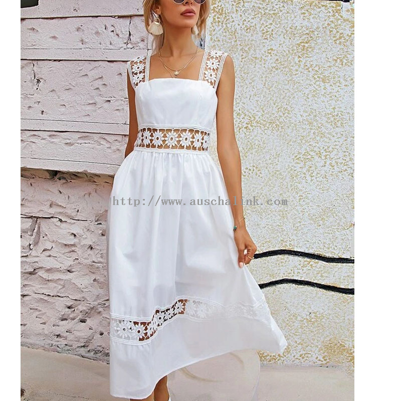 2022 Summer High-waisted Flared Eyelet Embroidered Back Zipper Strap Casual Dress for Women