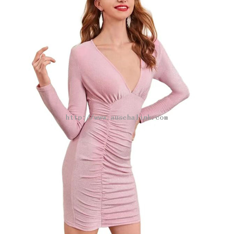 2022 New Long Sleeves Pink Deep V Neck Ruffled Sequins Tight Sexy Dress for Women
