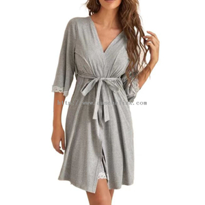 New Design Mixed Lace Trim Flounces Halter Tank Dress And Belt Robe Casual Pajamas for Women