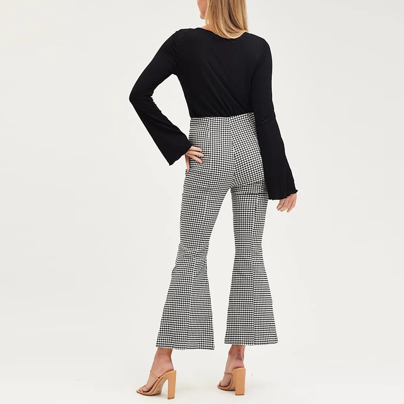 Oem Custom Fall 2022 Casual Plaid Print Elegant Women'S High Waist Flared Trousers Pants