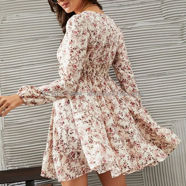 OEM/ODM High waist V-neck Ditsy Floral Print Lace Insert Lantern Sleeve casual Dress for women
