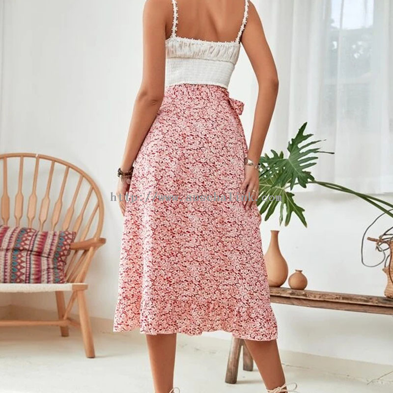 Newly Designed High-waisted Floral Print Flounces Hem Knot Side Skirt Elegant Skirt for Women
