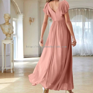 High Quality Short Sleeve V Collar Pleated Front Butterfly Sleeve Chiffon Elegant Ball Gown for Women