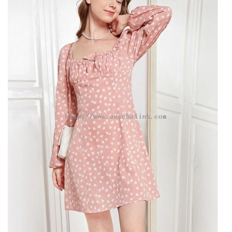 Spring 2022 Pink Long Sleeve High Waist Square Collar Floral Flared Casual Dress for Women