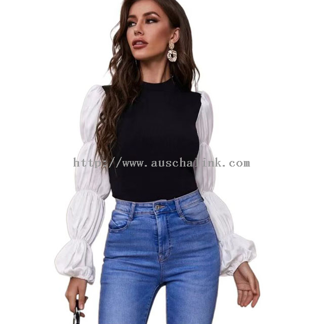 Custom fashion long sleeves high elastic two-color gathered sleeves round collar casual elegant top for women