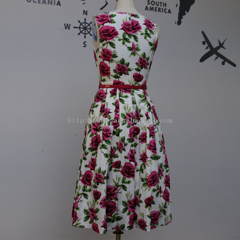 New Design Spring And Summer Sleeveless Round Collar Waist Bell Print Elegant Dress for Women