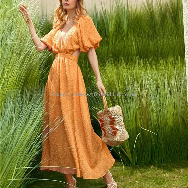 Spring And Summer New High-waist V-collar Hollow-out Waist Bubble Sleeve Bell-shaped Elegant Dress Women
