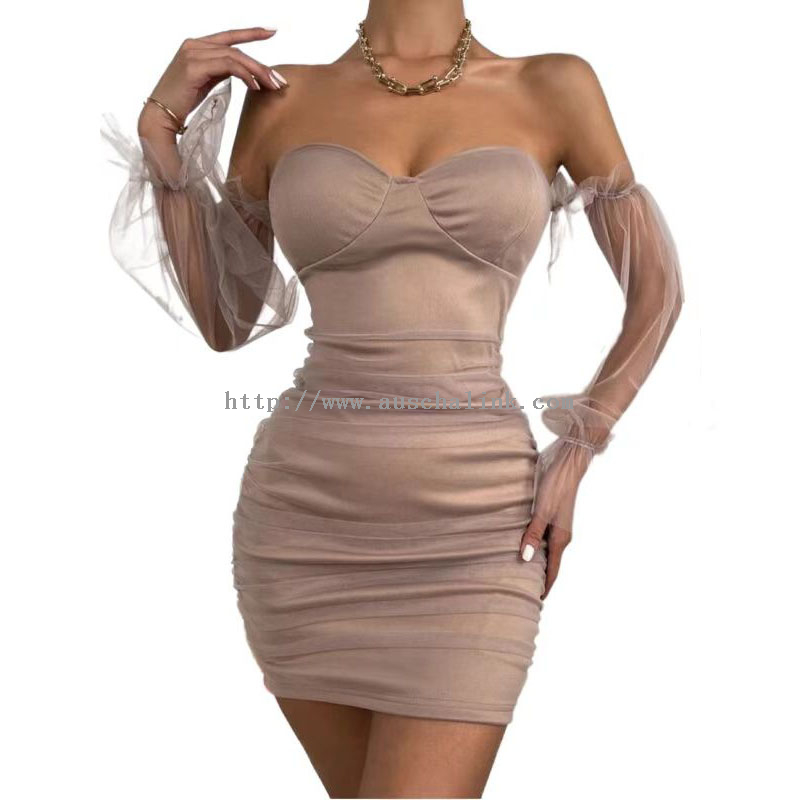 2022 New Design Contrast Color Mesh Off-the-shoulder Flounces Sleeve Tight Casual Dress for Women