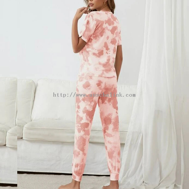 High Quality Short Sleeve Round Collar Tie Dye Print Casual Pajamas for Women