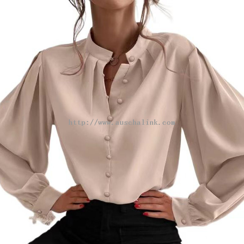 2022 Spring Summer Bishop Sleeve Stand Collar Button Casual Shirt for Women