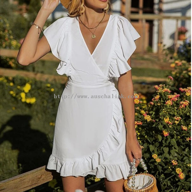 Summer New White Butterfly Sleeve V Collar Lotus Edge Lace Down Casual Dress Women