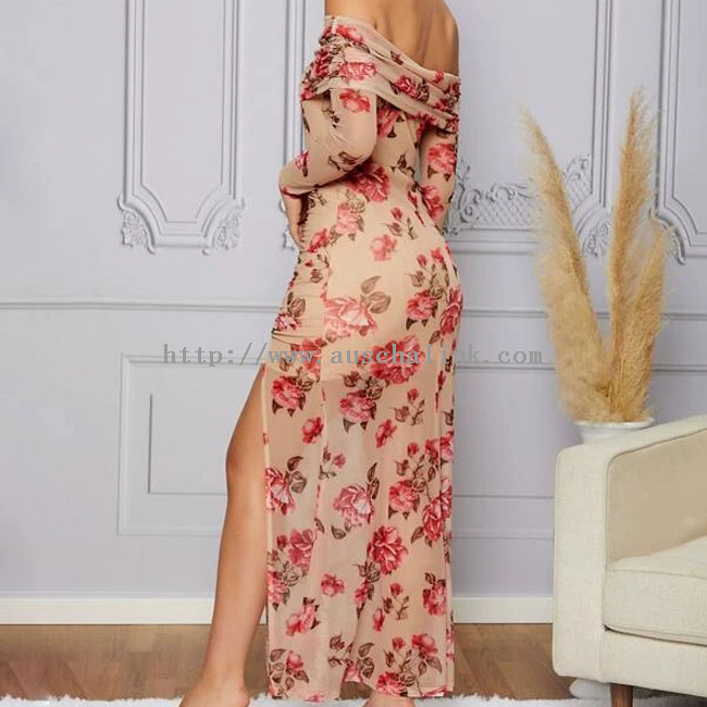 OEM/ODM High Waist Long Sleeve Floral Print Shoulder Slit Thigh Mesh Casual Dress for Women