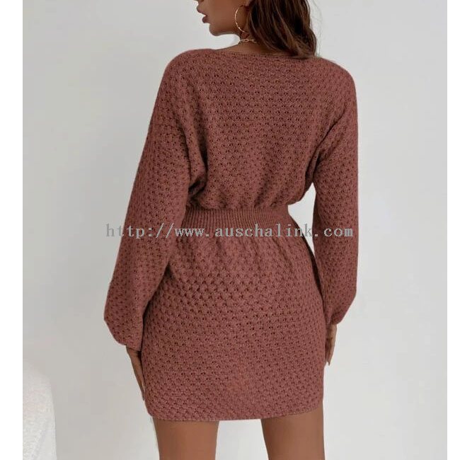 OEM/ODM elegant round neck bat sleeve tight belted waist flared sweater casual dress
