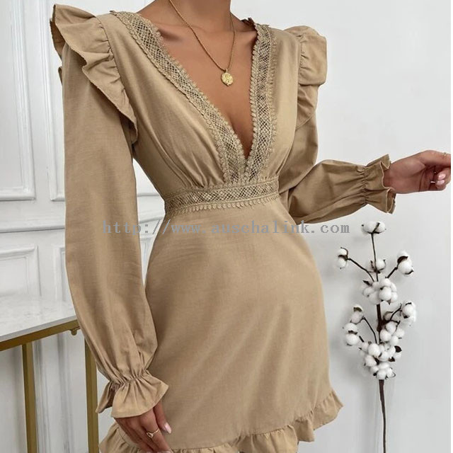 Pure Cotton Deep V Neck Embossed Lace Inlaid Lotus Sleeve Flounces Sexy Dress for Women