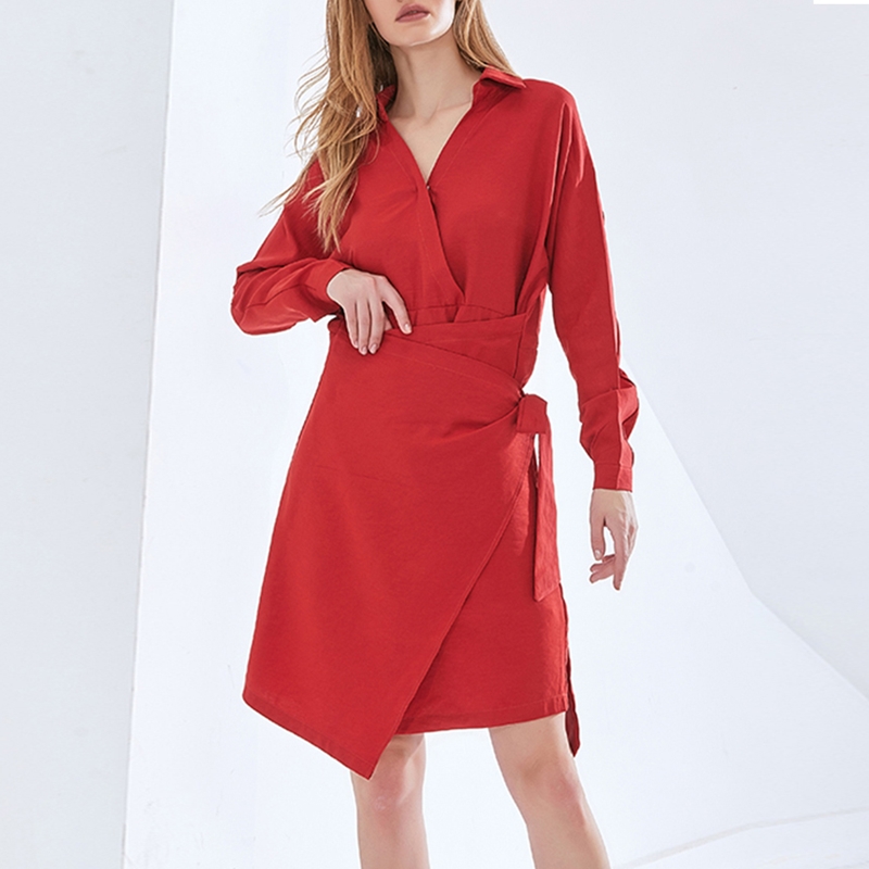 Red Dress For Women V Neck Female Autumn Clothing Long Sleeve High Waist Loose Solid Midi Dresses
