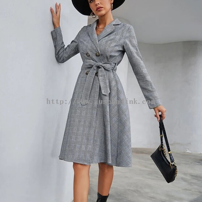 2022 New long-sleeve high-waisted lapel double breasted waist plaid office dress for women