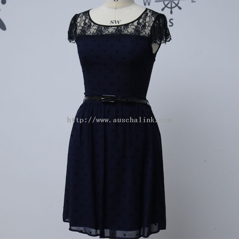 2022 New Hollowed-out Round Collar Waist Flared Mesh Casual Dress for Women