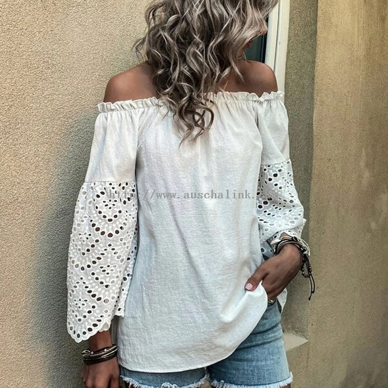 New Design of Off-the-shoulder Contrast Eyelet Embroidered Ruffled Edge Casual Blouse for Women