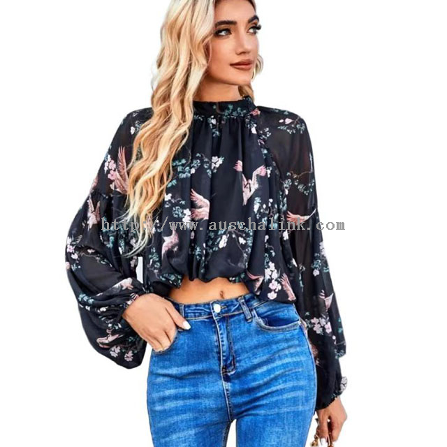 2021 Spring/summer Crane And Floral Printed Lantern Sleeve Stand Collar Chiffon Casual Shirt for Women