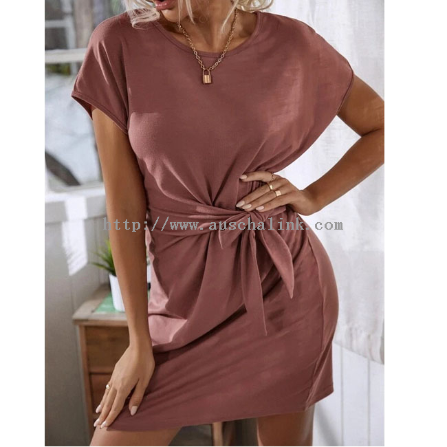2022 New knotted side solid bat sleeve round collar solid color casual dress for women