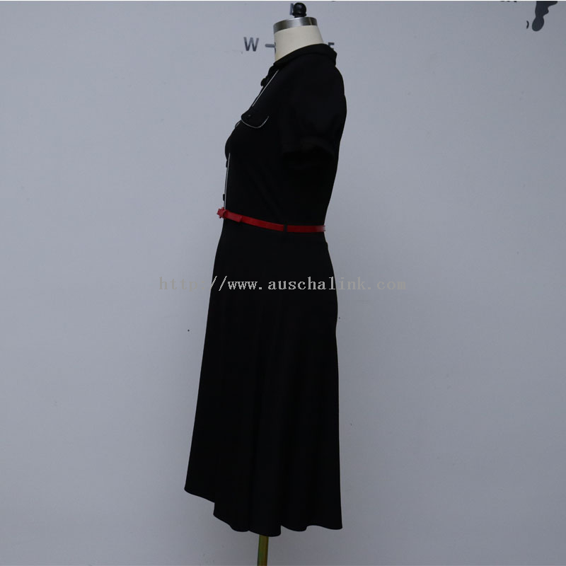 High Quality Short Sleeve High Waist False Pocket V-neck Bell Formal Dress for Women
